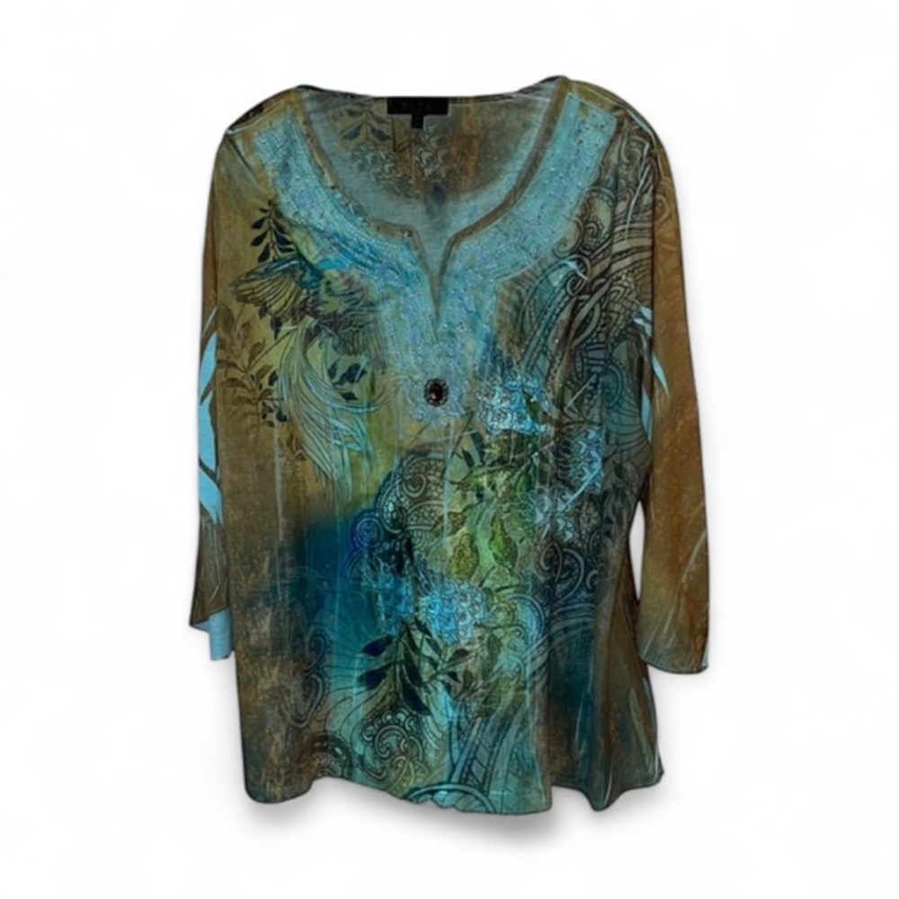Roz & Ali Beads And Sequins Paisley Jeweled Floral Boho Top Size 1X
